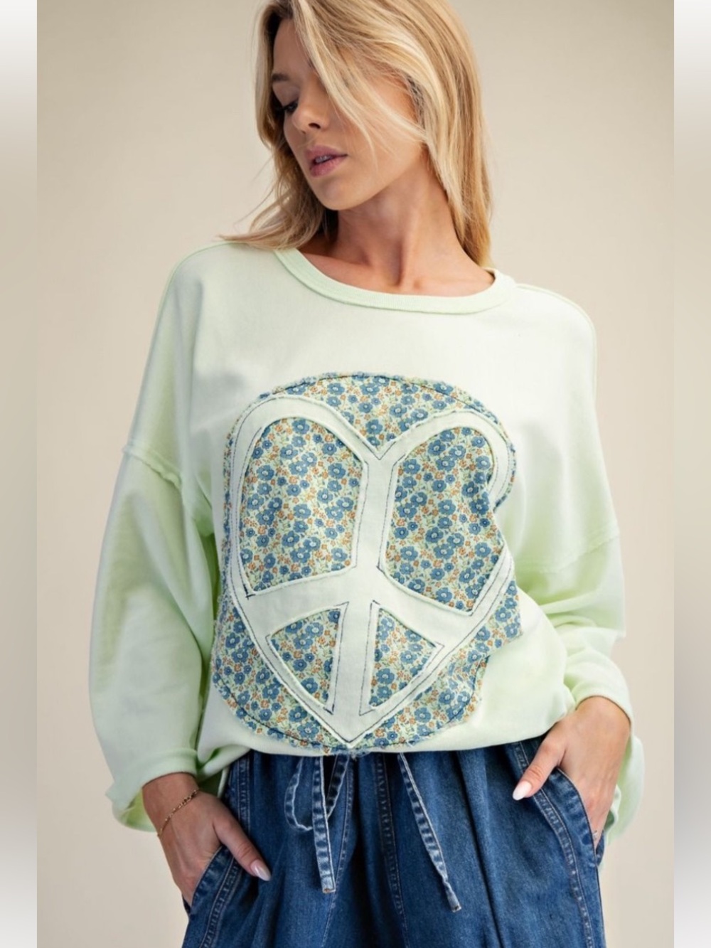 easel Light Green Peace Heart Pullover with Blue Floral Inset